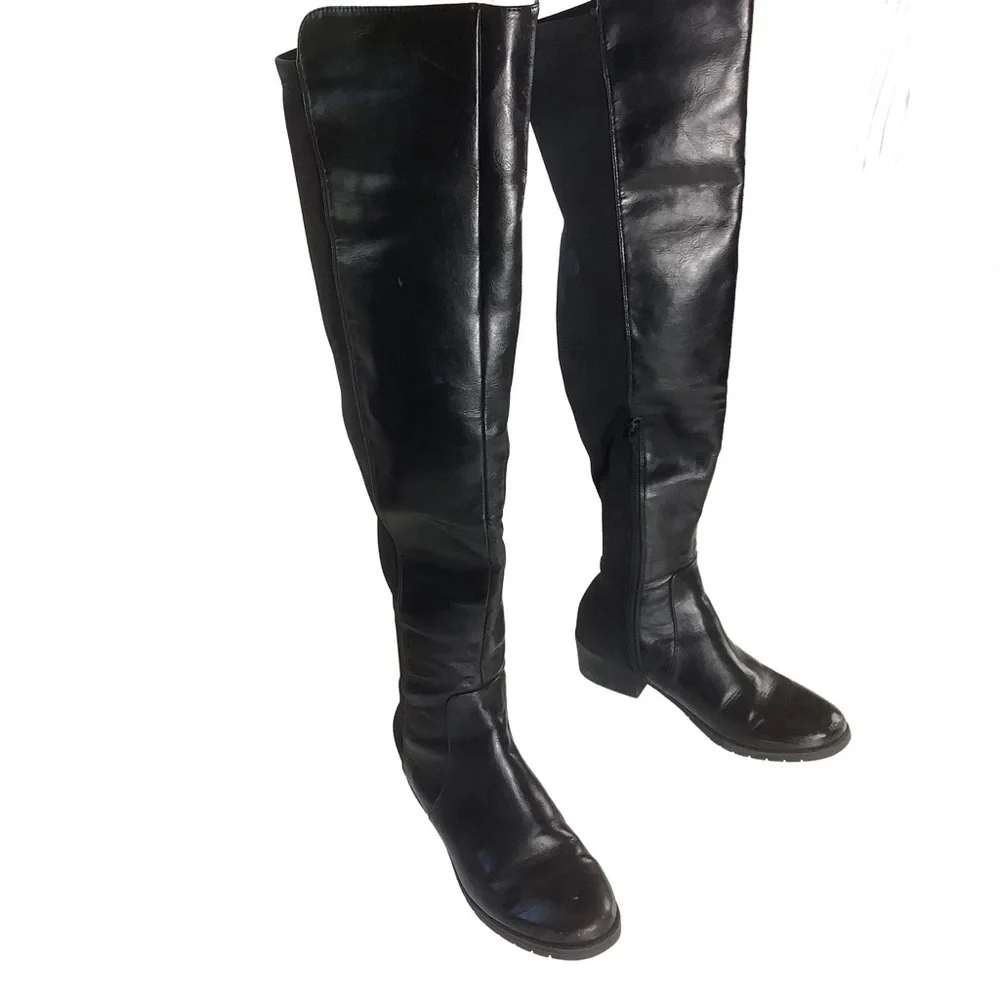 Over the Knee Black Faux Leather Boots Size 9 Thigh High Chunky Heel Fall Trend